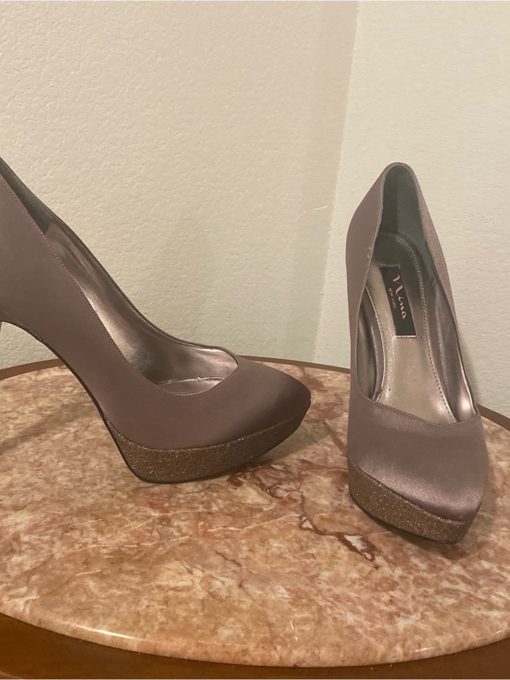Nina TAUPE Satin Platform Pumps